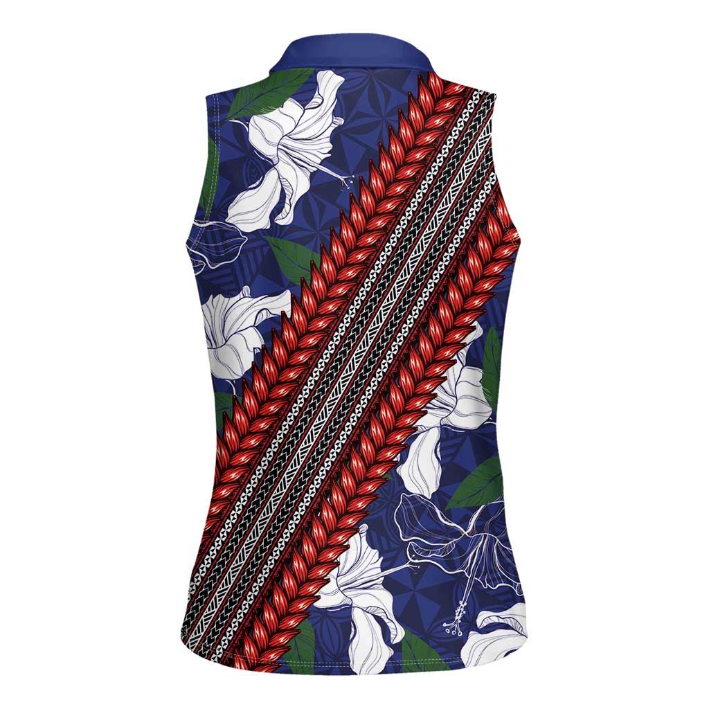 Samoan Culture Women Sleeveless Polo Shirt Hibiscus and Ula Fala with Tapa Pattern Blue Color LT03 - Polynesian Pride