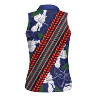 Samoan Culture Women Sleeveless Polo Shirt Hibiscus and Ula Fala with Tapa Pattern Blue Color LT03 - Polynesian Pride