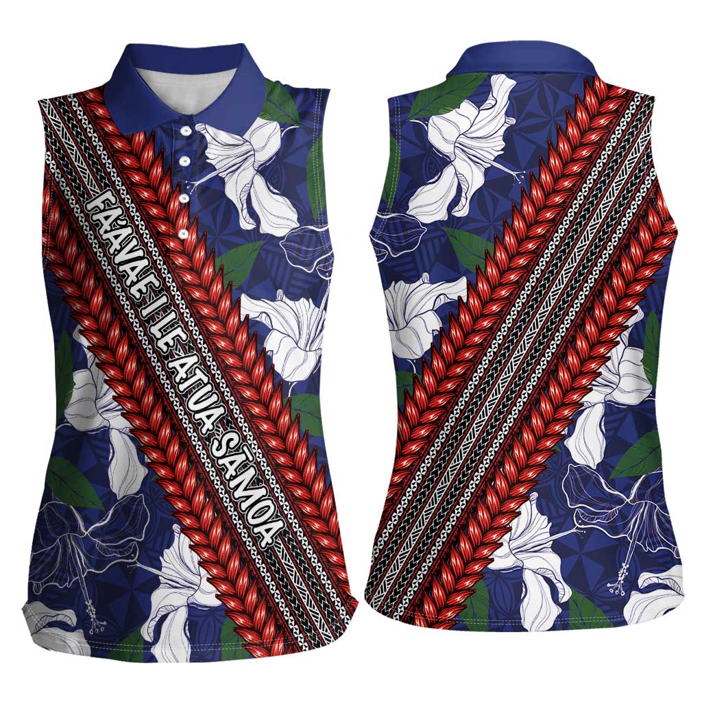 Samoan Culture Women Sleeveless Polo Shirt Hibiscus and Ula Fala with Tapa Pattern Blue Color LT03 - Polynesian Pride