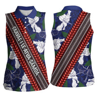 Samoan Culture Women Sleeveless Polo Shirt Hibiscus and Ula Fala with Tapa Pattern Blue Color LT03 - Polynesian Pride