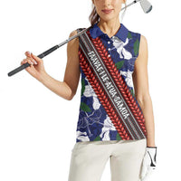 Samoan Culture Women Sleeveless Polo Shirt Hibiscus and Ula Fala with Tapa Pattern Blue Color LT03 - Polynesian Pride