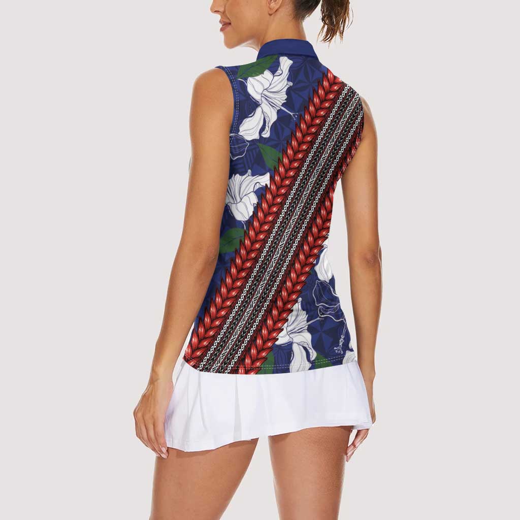 Samoan Culture Women Sleeveless Polo Shirt Hibiscus and Ula Fala with Tapa Pattern Blue Color LT03 - Polynesian Pride