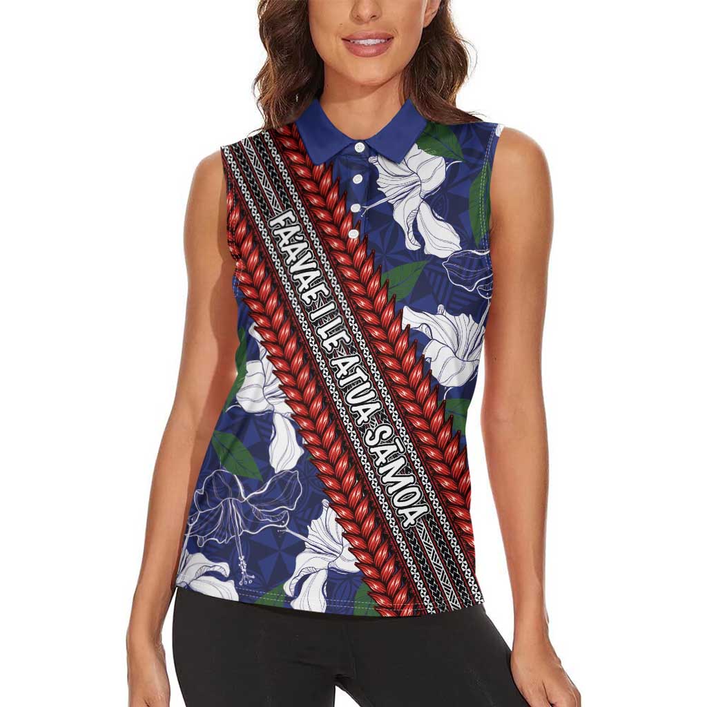 Samoan Culture Women Sleeveless Polo Shirt Hibiscus and Ula Fala with Tapa Pattern Blue Color LT03 - Polynesian Pride