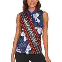Samoan Culture Women Sleeveless Polo Shirt Hibiscus and Ula Fala with Tapa Pattern Blue Color LT03 - Polynesian Pride