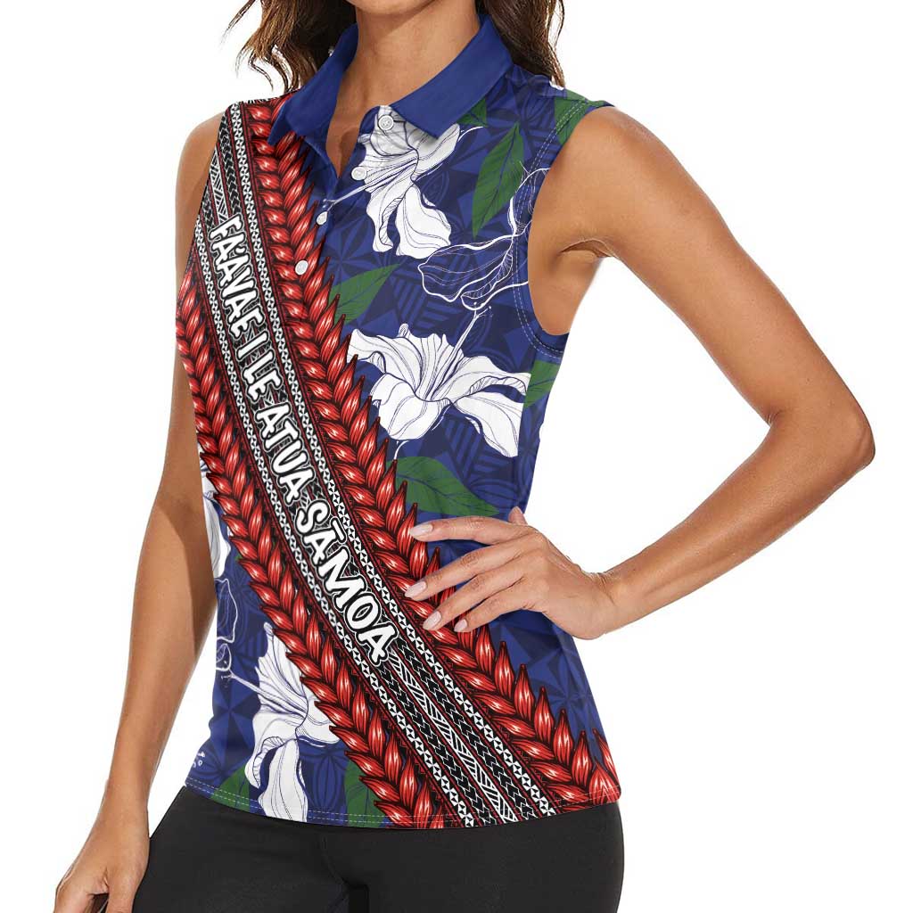 Samoan Culture Women Sleeveless Polo Shirt Hibiscus and Ula Fala with Tapa Pattern Blue Color LT03 - Polynesian Pride
