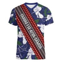 Samoan Culture Women V-Neck T-Shirt Hibiscus and Ula Fala with Tapa Pattern Blue Color LT03 Female Blue - Polynesian Pride