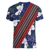 Samoan Culture Women V-Neck T-Shirt Hibiscus and Ula Fala with Tapa Pattern Blue Color LT03 - Polynesian Pride