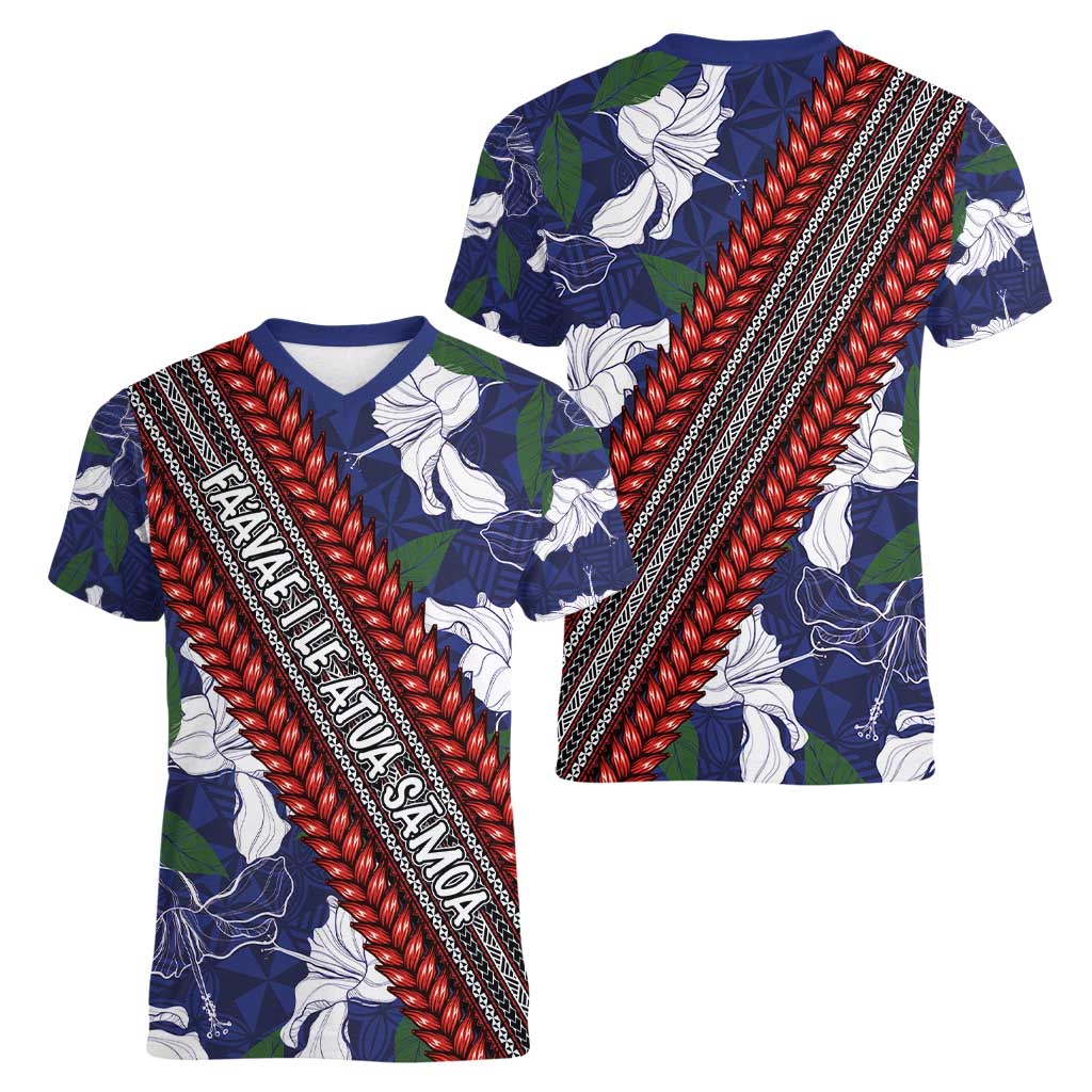 Samoan Culture Women V-Neck T-Shirt Hibiscus and Ula Fala with Tapa Pattern Blue Color LT03 - Polynesian Pride