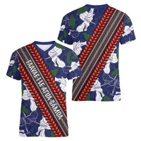 Samoan Culture Women V-Neck T-Shirt Hibiscus and Ula Fala with Tapa Pattern Blue Color LT03 - Polynesian Pride