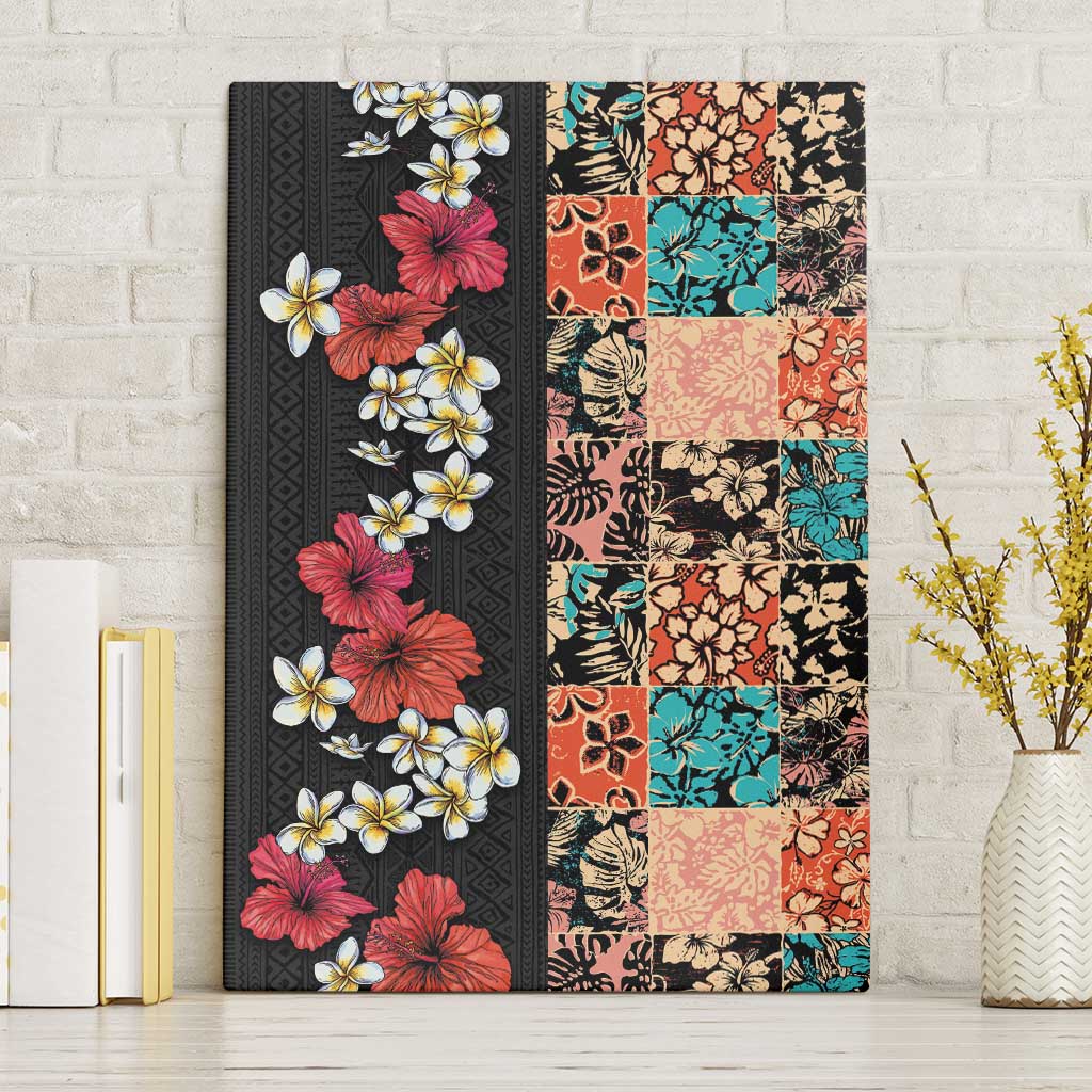 Hawaiian Hibiscus and Tropical Leaves Canvas Wall Art Patchwork Grunge Abstract Vintage Style LT03 Without Frame Black - Polynesian Pride