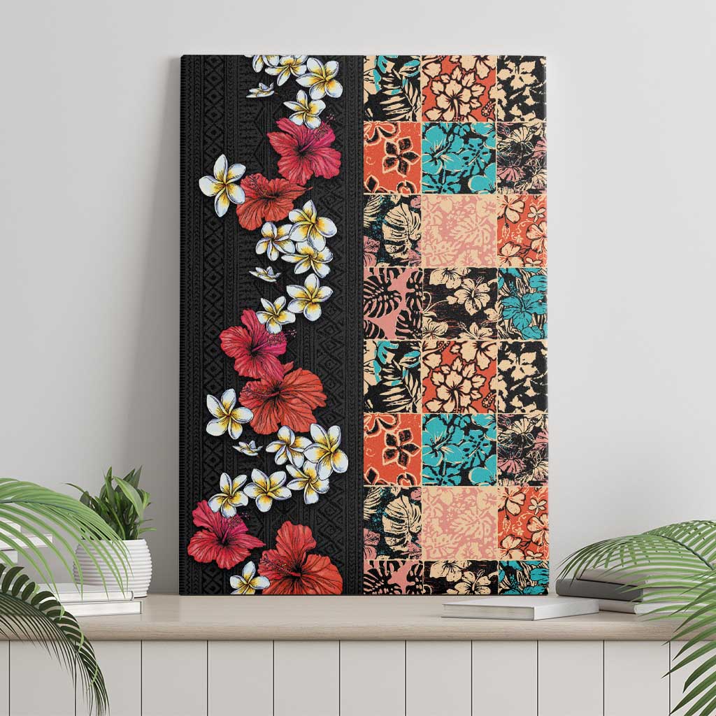 Hawaiian Hibiscus and Tropical Leaves Canvas Wall Art Patchwork Grunge Abstract Vintage Style LT03 - Polynesian Pride