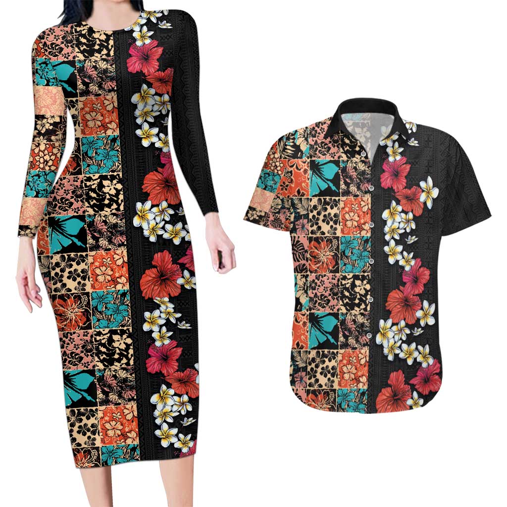 Hawaiian Hibiscus and Tropical Leaves Couples Matching Long Sleeve Bodycon Dress and Hawaiian Shirt Patchwork Grunge Abstract Vintage Style LT03 Black - Polynesian Pride