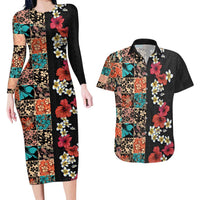 Hawaiian Hibiscus and Tropical Leaves Couples Matching Long Sleeve Bodycon Dress and Hawaiian Shirt Patchwork Grunge Abstract Vintage Style LT03 Black - Polynesian Pride