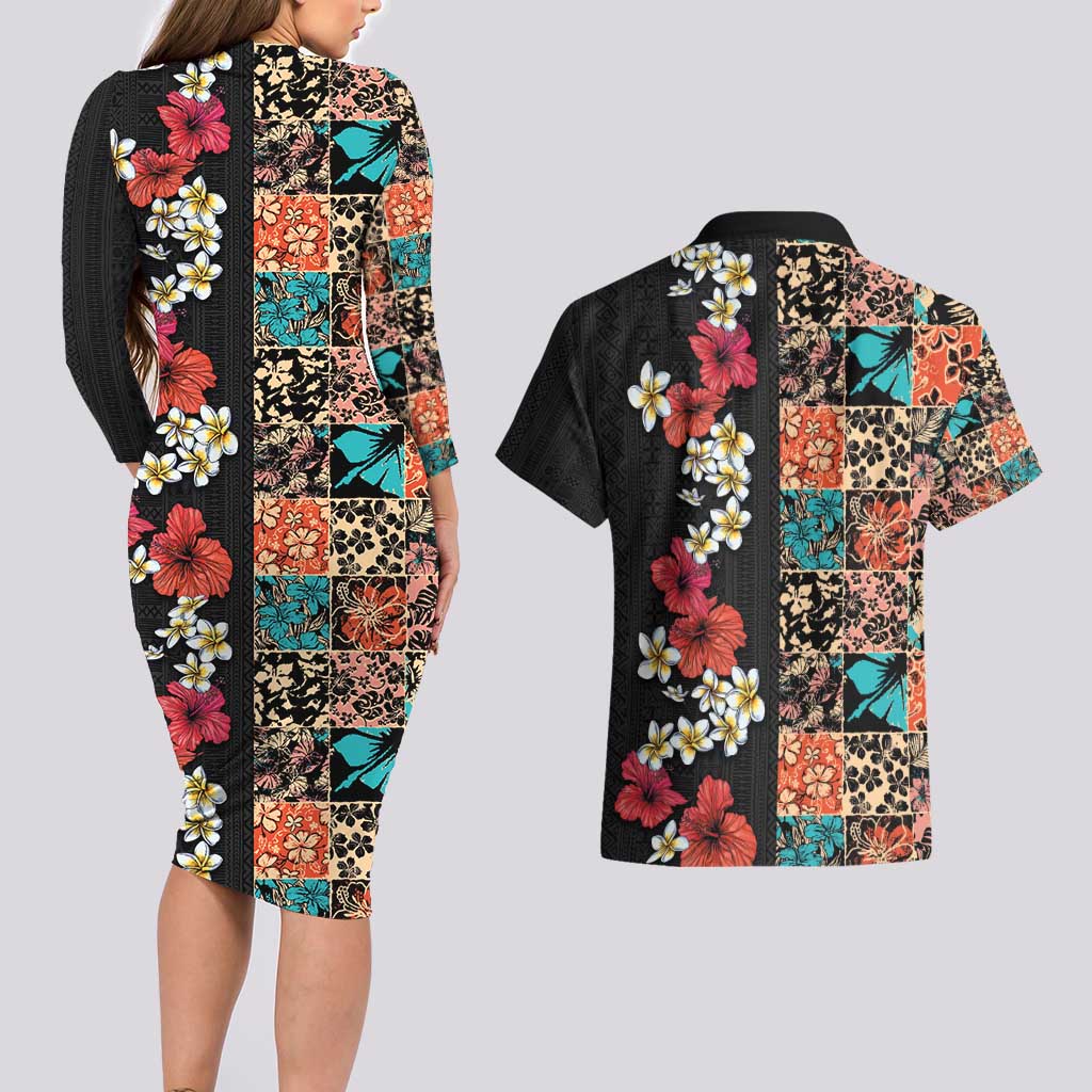 Hawaiian Hibiscus and Tropical Leaves Couples Matching Long Sleeve Bodycon Dress and Hawaiian Shirt Patchwork Grunge Abstract Vintage Style LT03 - Polynesian Pride
