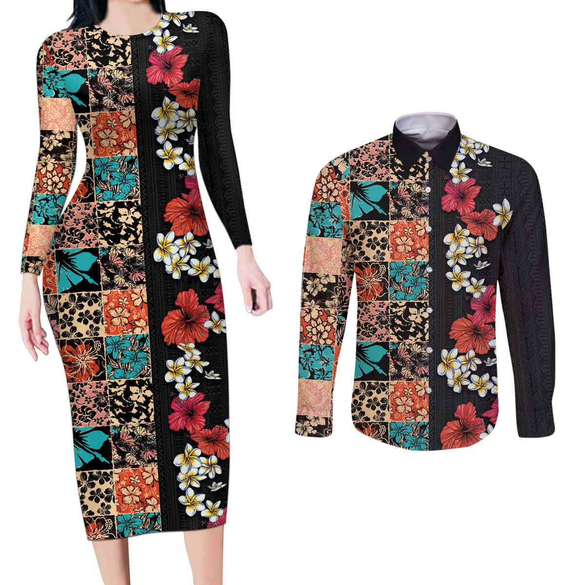 Hawaiian Hibiscus and Tropical Leaves Couples Matching Long Sleeve Bodycon Dress and Long Sleeve Button Shirt Patchwork Grunge Abstract Vintage Style LT03 Black - Polynesian Pride