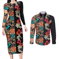Hawaiian Hibiscus and Tropical Leaves Couples Matching Long Sleeve Bodycon Dress and Long Sleeve Button Shirt Patchwork Grunge Abstract Vintage Style LT03 Black - Polynesian Pride