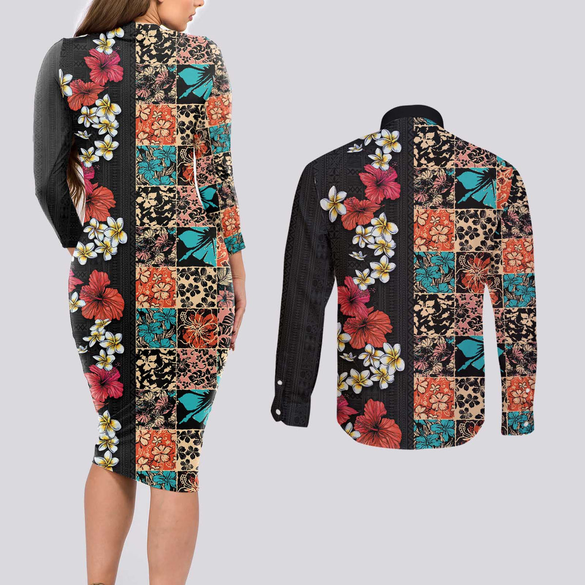 Hawaiian Hibiscus and Tropical Leaves Couples Matching Long Sleeve Bodycon Dress and Long Sleeve Button Shirt Patchwork Grunge Abstract Vintage Style LT03 - Polynesian Pride