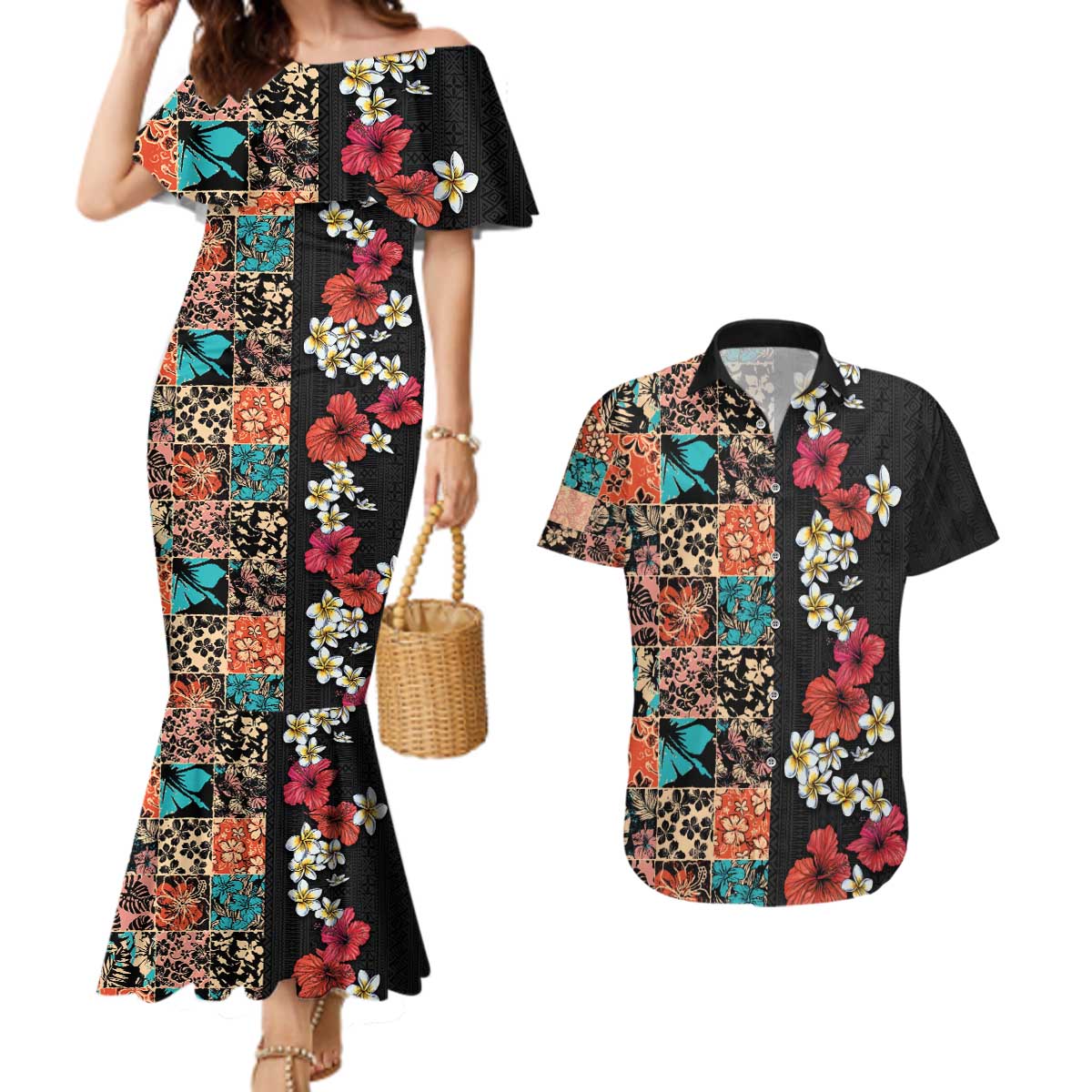 Hawaiian Hibiscus and Tropical Leaves Couples Matching Mermaid Dress and Hawaiian Shirt Patchwork Grunge Abstract Vintage Style LT03 Black - Polynesian Pride