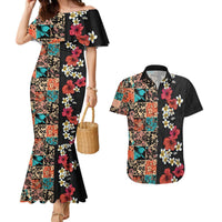 Hawaiian Hibiscus and Tropical Leaves Couples Matching Mermaid Dress and Hawaiian Shirt Patchwork Grunge Abstract Vintage Style LT03 Black - Polynesian Pride