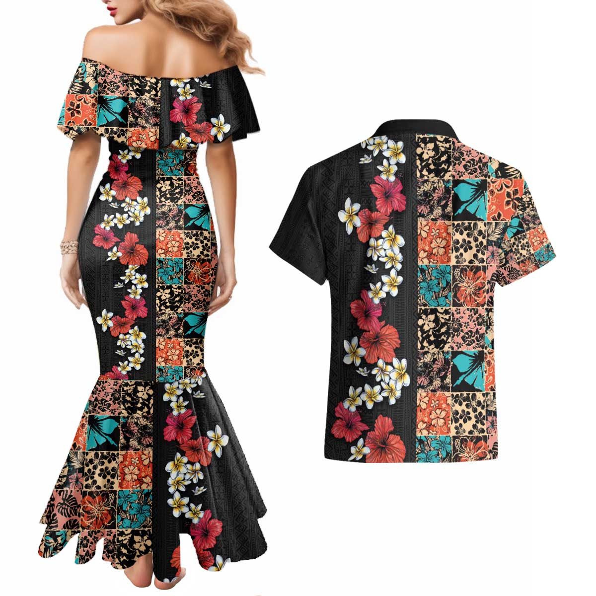 Hawaiian Hibiscus and Tropical Leaves Couples Matching Mermaid Dress and Hawaiian Shirt Patchwork Grunge Abstract Vintage Style LT03 - Polynesian Pride