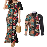 Hawaiian Hibiscus and Tropical Leaves Couples Matching Mermaid Dress and Long Sleeve Button Shirt Patchwork Grunge Abstract Vintage Style LT03 Black - Polynesian Pride