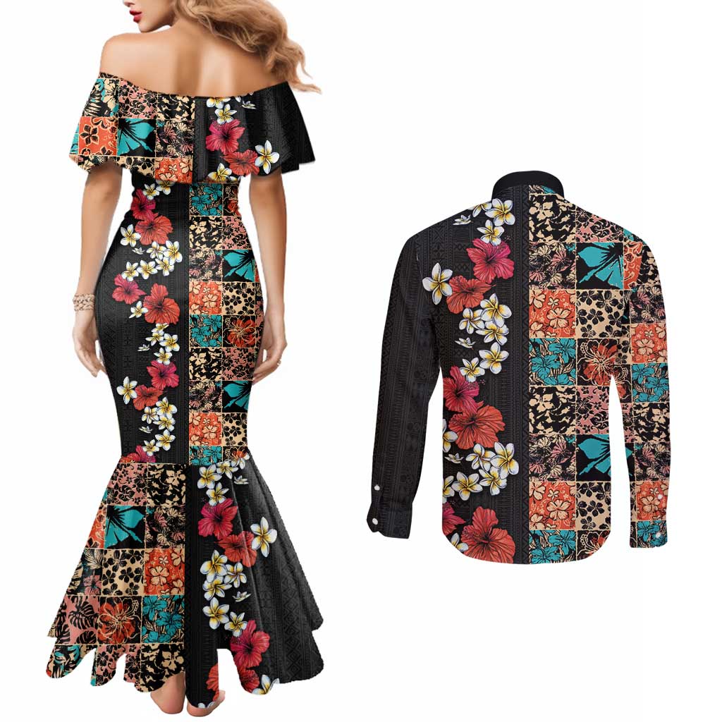 Hawaiian Hibiscus and Tropical Leaves Couples Matching Mermaid Dress and Long Sleeve Button Shirt Patchwork Grunge Abstract Vintage Style LT03 - Polynesian Pride