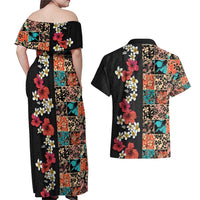 Hawaiian Hibiscus and Tropical Leaves Couples Matching Off Shoulder Maxi Dress and Hawaiian Shirt Patchwork Grunge Abstract Vintage Style LT03 - Polynesian Pride