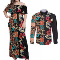Hawaiian Hibiscus and Tropical Leaves Couples Matching Off Shoulder Maxi Dress and Long Sleeve Button Shirt Patchwork Grunge Abstract Vintage Style LT03 Black - Polynesian Pride