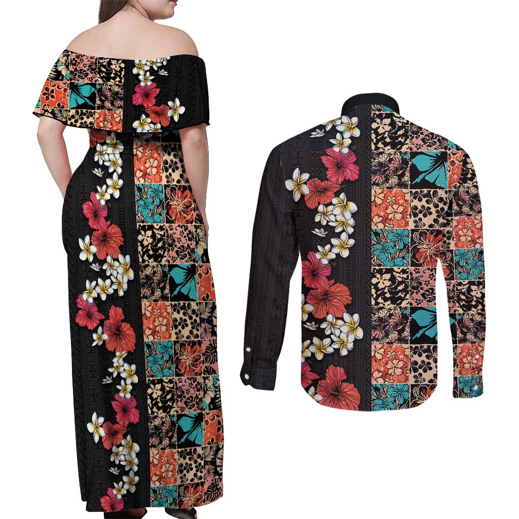 Hawaiian Hibiscus and Tropical Leaves Couples Matching Off Shoulder Maxi Dress and Long Sleeve Button Shirt Patchwork Grunge Abstract Vintage Style LT03 - Polynesian Pride