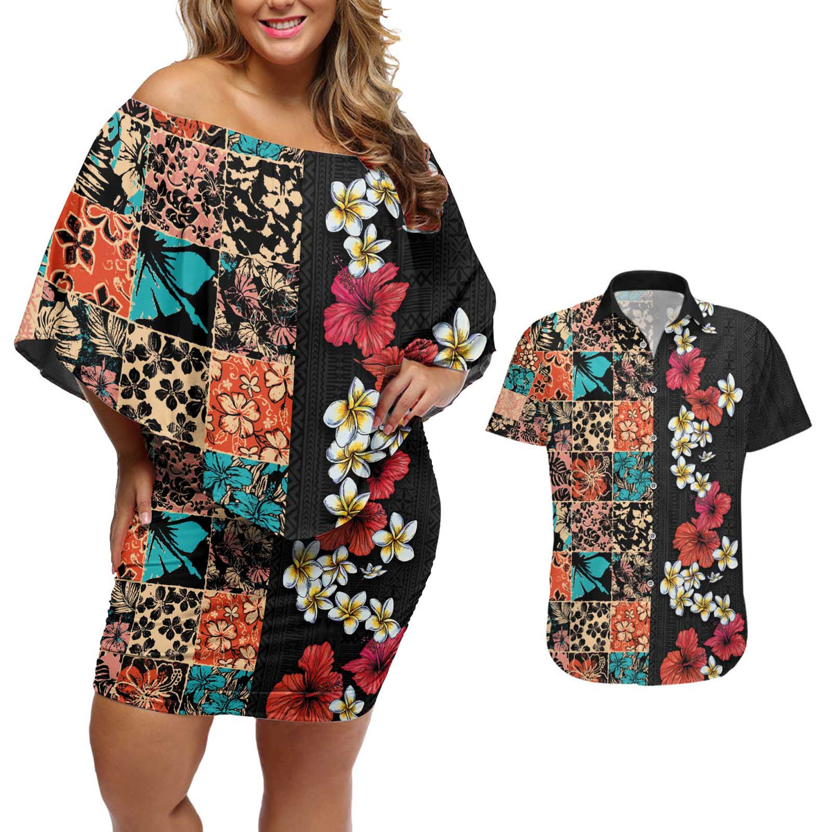 Hawaiian Hibiscus and Tropical Leaves Couples Matching Off Shoulder Short Dress and Hawaiian Shirt Patchwork Grunge Abstract Vintage Style LT03 Black - Polynesian Pride
