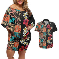Hawaiian Hibiscus and Tropical Leaves Couples Matching Off Shoulder Short Dress and Hawaiian Shirt Patchwork Grunge Abstract Vintage Style LT03 Black - Polynesian Pride