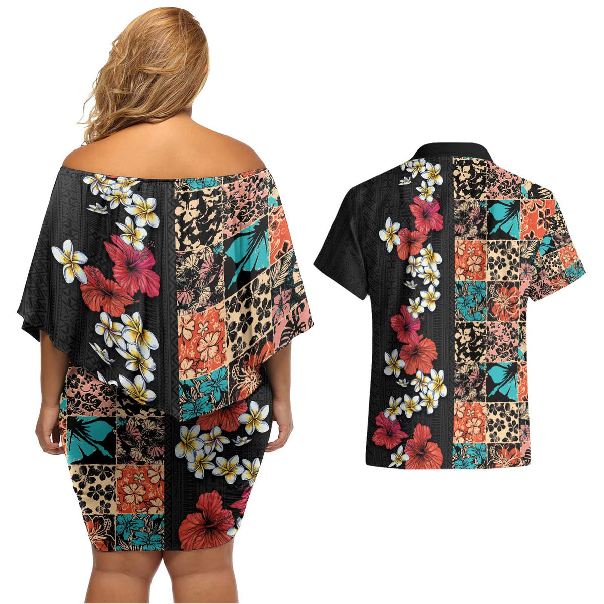 Hawaiian Hibiscus and Tropical Leaves Couples Matching Off Shoulder Short Dress and Hawaiian Shirt Patchwork Grunge Abstract Vintage Style LT03 - Polynesian Pride