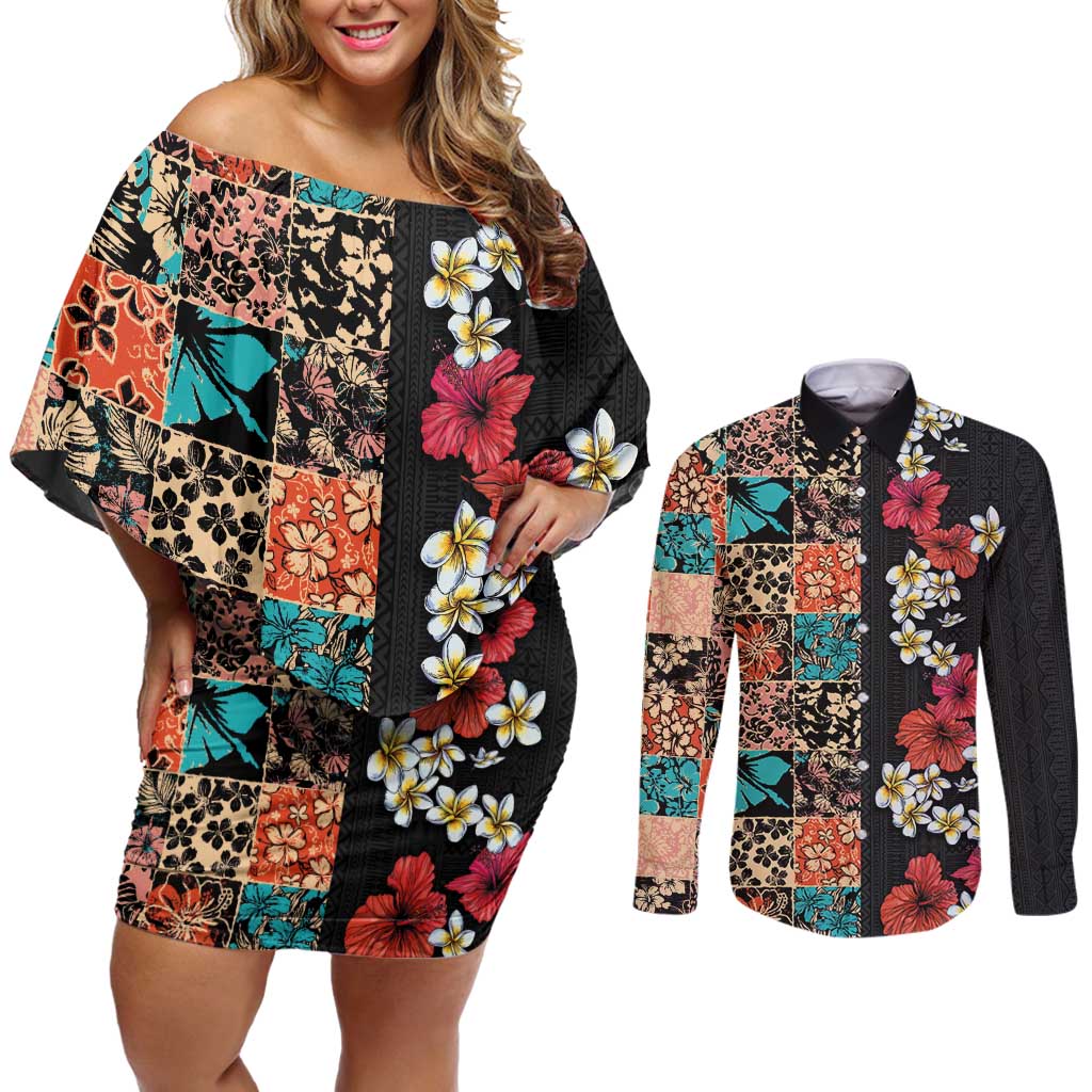 Hawaiian Hibiscus and Tropical Leaves Couples Matching Off Shoulder Short Dress and Long Sleeve Button Shirt Patchwork Grunge Abstract Vintage Style LT03 Black - Polynesian Pride