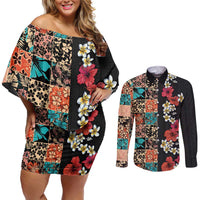 Hawaiian Hibiscus and Tropical Leaves Couples Matching Off Shoulder Short Dress and Long Sleeve Button Shirt Patchwork Grunge Abstract Vintage Style LT03 Black - Polynesian Pride