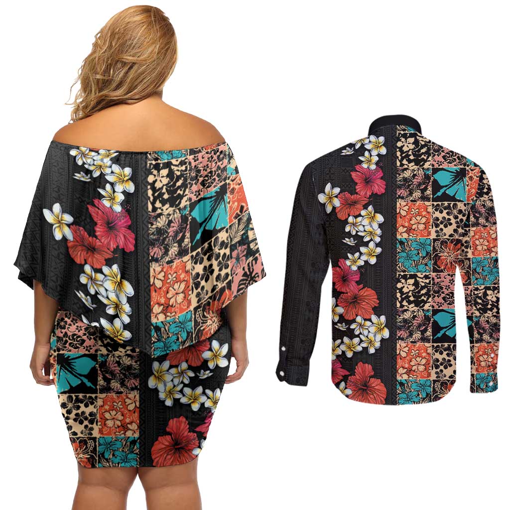 Hawaiian Hibiscus and Tropical Leaves Couples Matching Off Shoulder Short Dress and Long Sleeve Button Shirt Patchwork Grunge Abstract Vintage Style LT03 - Polynesian Pride