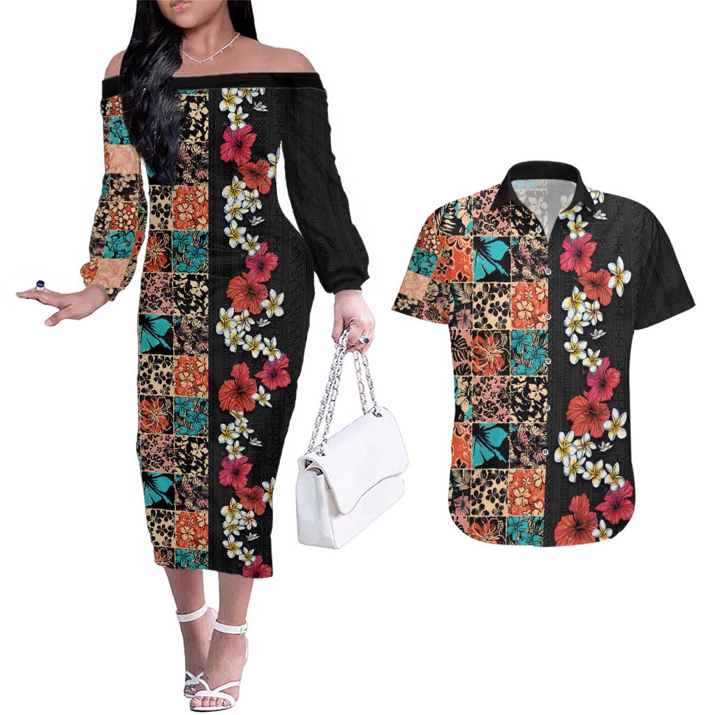 Hawaiian Hibiscus and Tropical Leaves Couples Matching Off The Shoulder Long Sleeve Dress and Hawaiian Shirt Patchwork Grunge Abstract Vintage Style LT03 Black - Polynesian Pride