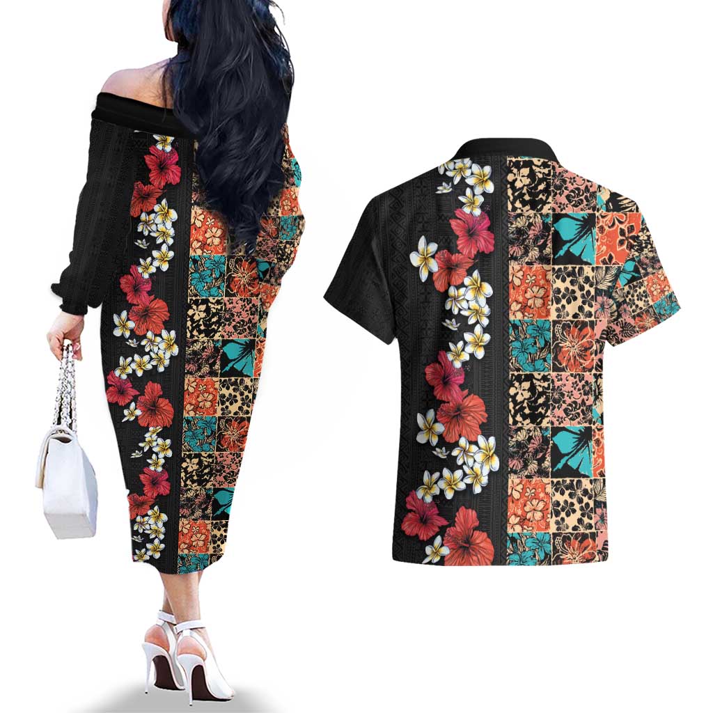 Hawaiian Hibiscus and Tropical Leaves Couples Matching Off The Shoulder Long Sleeve Dress and Hawaiian Shirt Patchwork Grunge Abstract Vintage Style LT03 - Polynesian Pride
