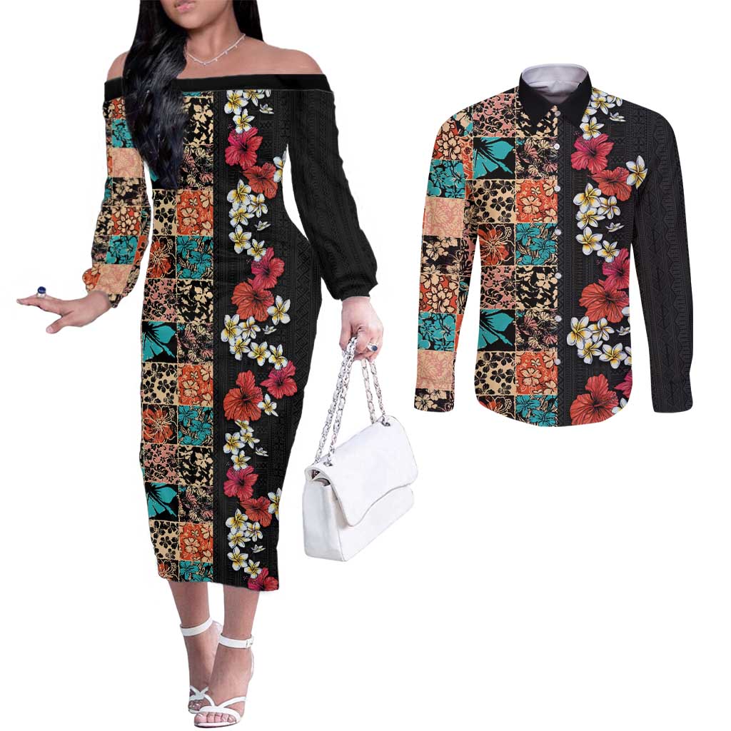 Hawaiian Hibiscus and Tropical Leaves Couples Matching Off The Shoulder Long Sleeve Dress and Long Sleeve Button Shirt Patchwork Grunge Abstract Vintage Style LT03 Black - Polynesian Pride