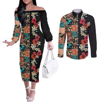 Hawaiian Hibiscus and Tropical Leaves Couples Matching Off The Shoulder Long Sleeve Dress and Long Sleeve Button Shirt Patchwork Grunge Abstract Vintage Style LT03 Black - Polynesian Pride