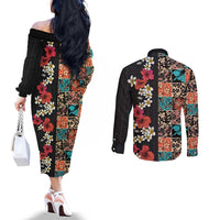 Hawaiian Hibiscus and Tropical Leaves Couples Matching Off The Shoulder Long Sleeve Dress and Long Sleeve Button Shirt Patchwork Grunge Abstract Vintage Style LT03 - Polynesian Pride