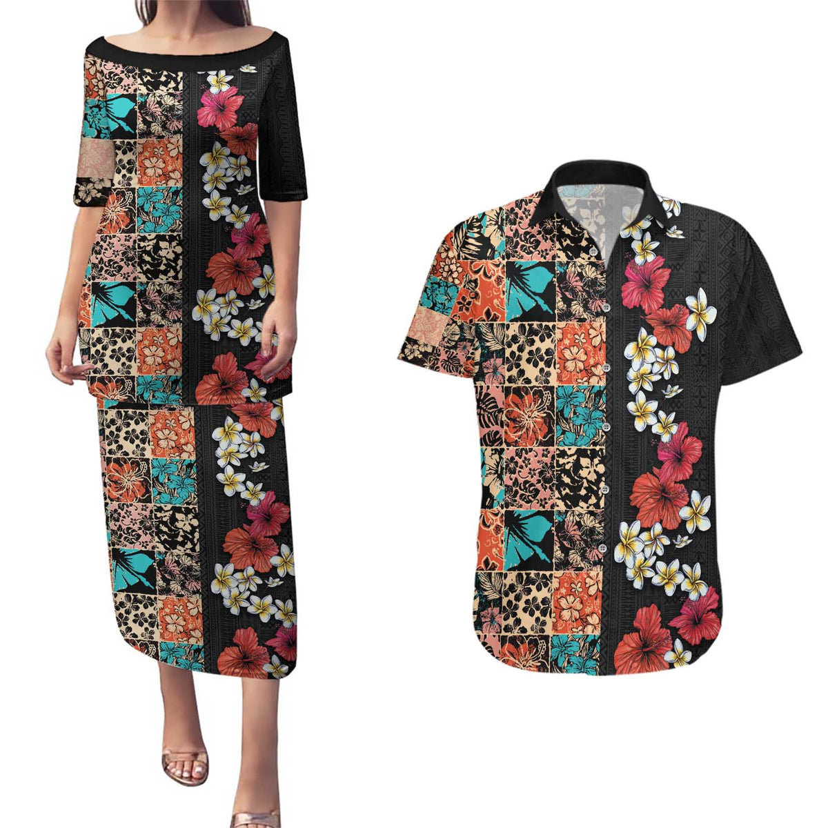Hawaiian Hibiscus and Tropical Leaves Couples Matching Puletasi and Hawaiian Shirt Patchwork Grunge Abstract Vintage Style LT03 Black - Polynesian Pride
