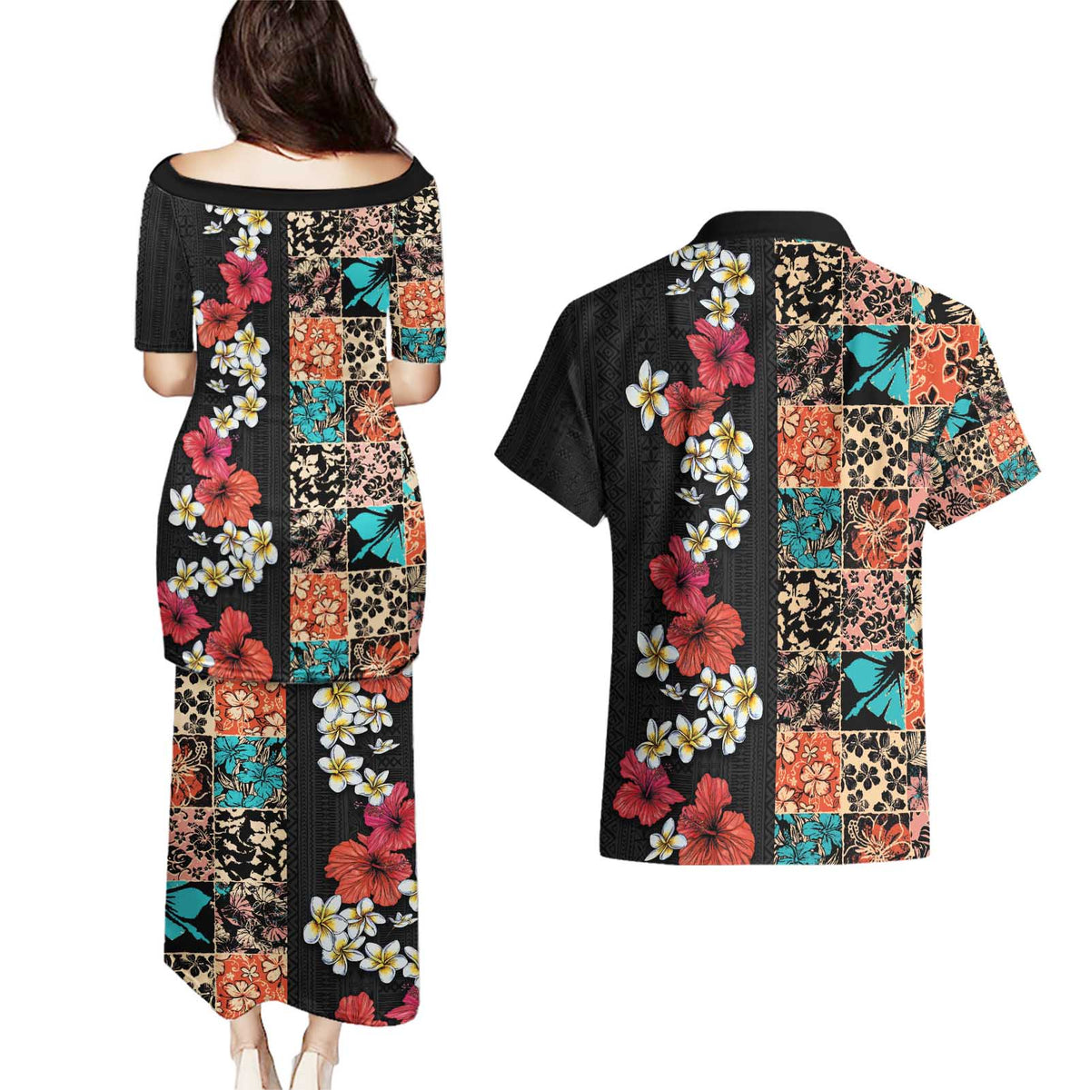 Hawaiian Hibiscus and Tropical Leaves Couples Matching Puletasi and Hawaiian Shirt Patchwork Grunge Abstract Vintage Style LT03 - Polynesian Pride