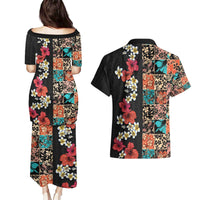 Hawaiian Hibiscus and Tropical Leaves Couples Matching Puletasi and Hawaiian Shirt Patchwork Grunge Abstract Vintage Style LT03 - Polynesian Pride