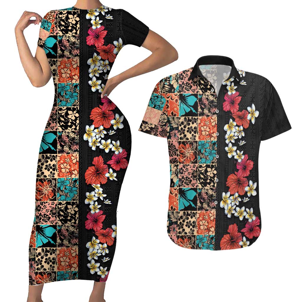 Hawaiian Hibiscus and Tropical Leaves Couples Matching Short Sleeve Bodycon Dress and Hawaiian Shirt Patchwork Grunge Abstract Vintage Style LT03 Black - Polynesian Pride