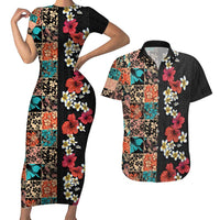 Hawaiian Hibiscus and Tropical Leaves Couples Matching Short Sleeve Bodycon Dress and Hawaiian Shirt Patchwork Grunge Abstract Vintage Style LT03 Black - Polynesian Pride