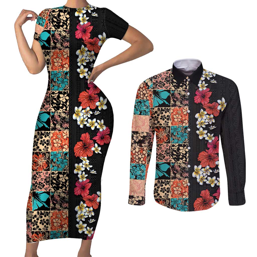 Hawaiian Hibiscus and Tropical Leaves Couples Matching Short Sleeve Bodycon Dress and Long Sleeve Button Shirt Patchwork Grunge Abstract Vintage Style LT03 Black - Polynesian Pride
