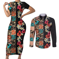 Hawaiian Hibiscus and Tropical Leaves Couples Matching Short Sleeve Bodycon Dress and Long Sleeve Button Shirt Patchwork Grunge Abstract Vintage Style LT03 Black - Polynesian Pride
