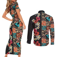 Hawaiian Hibiscus and Tropical Leaves Couples Matching Short Sleeve Bodycon Dress and Long Sleeve Button Shirt Patchwork Grunge Abstract Vintage Style LT03 - Polynesian Pride