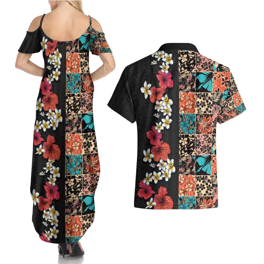 Hawaiian Hibiscus and Tropical Leaves Couples Matching Summer Maxi Dress and Hawaiian Shirt Patchwork Grunge Abstract Vintage Style LT03 - Polynesian Pride