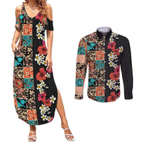 Hawaiian Hibiscus and Tropical Leaves Couples Matching Summer Maxi Dress and Long Sleeve Button Shirt Patchwork Grunge Abstract Vintage Style LT03 Black - Polynesian Pride